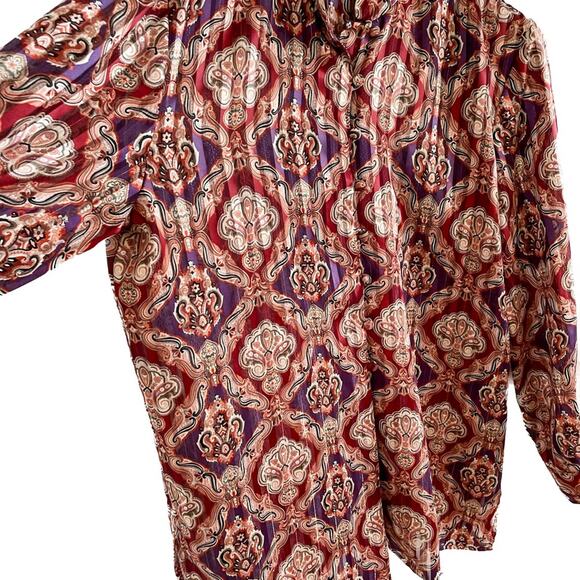 Vintage crinkle pleated collarless metallic medallion print blouse size LP - Picture 4 of 8